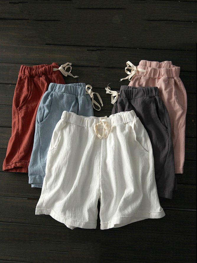 6 Colors Pockets Linen Casual Solid Drawcord Shorts